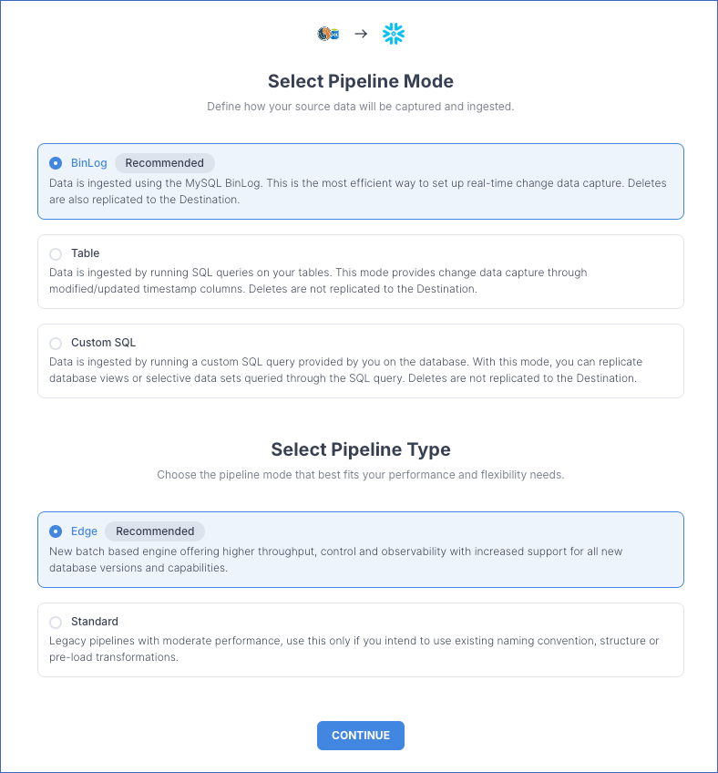 Select Pipeline mode page