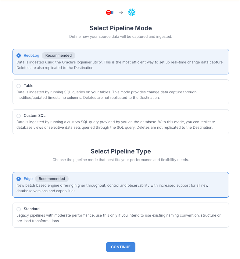Select Pipeline mode page
