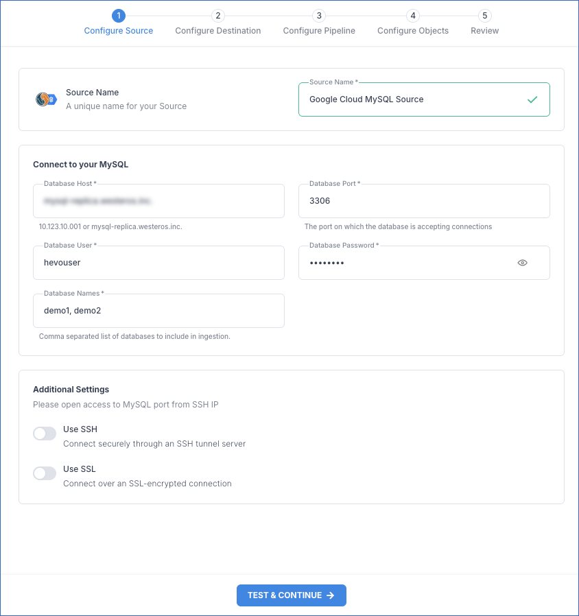 Google Cloud MySQL Source config