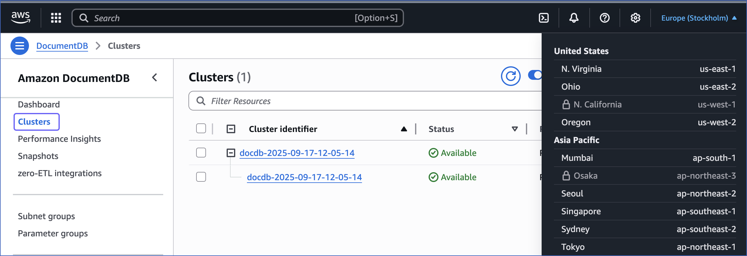 Select the Cluster Region