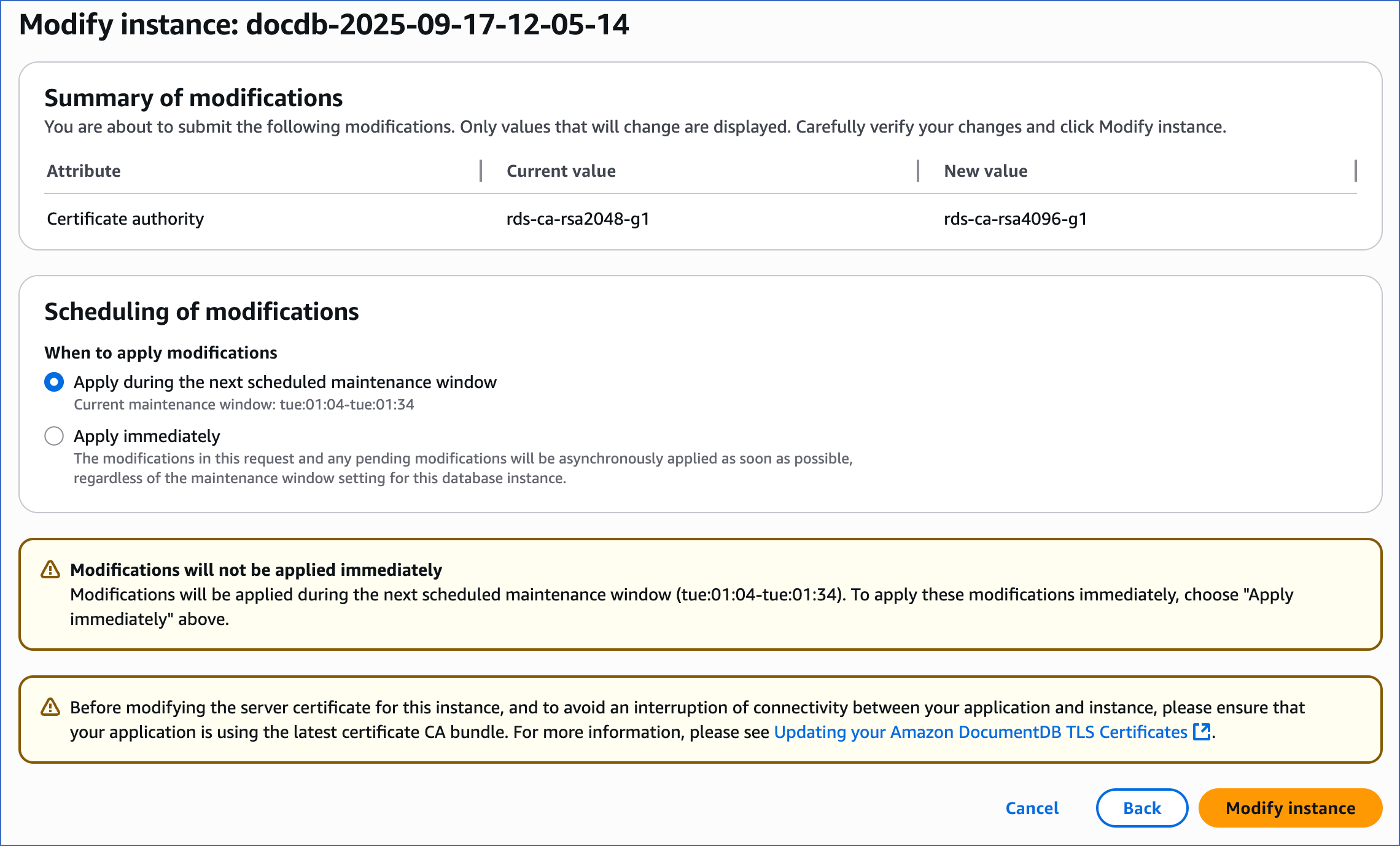 Review Changes and Modify Instance