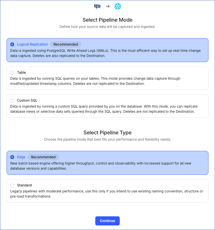 Select Pipeline mode page