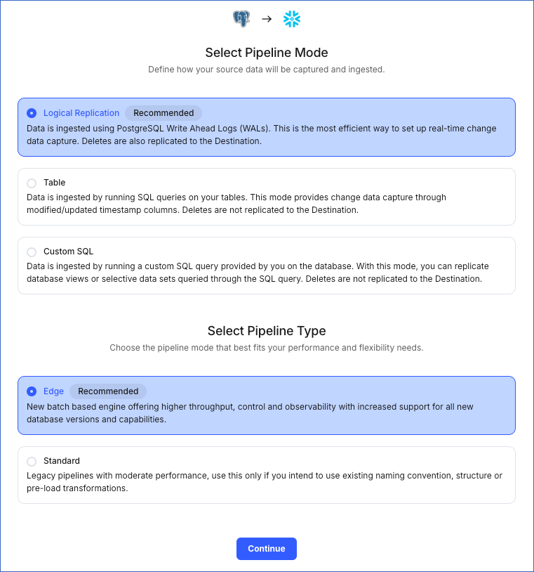 Select Pipeline mode page