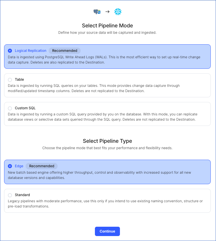 Select Pipeline mode page