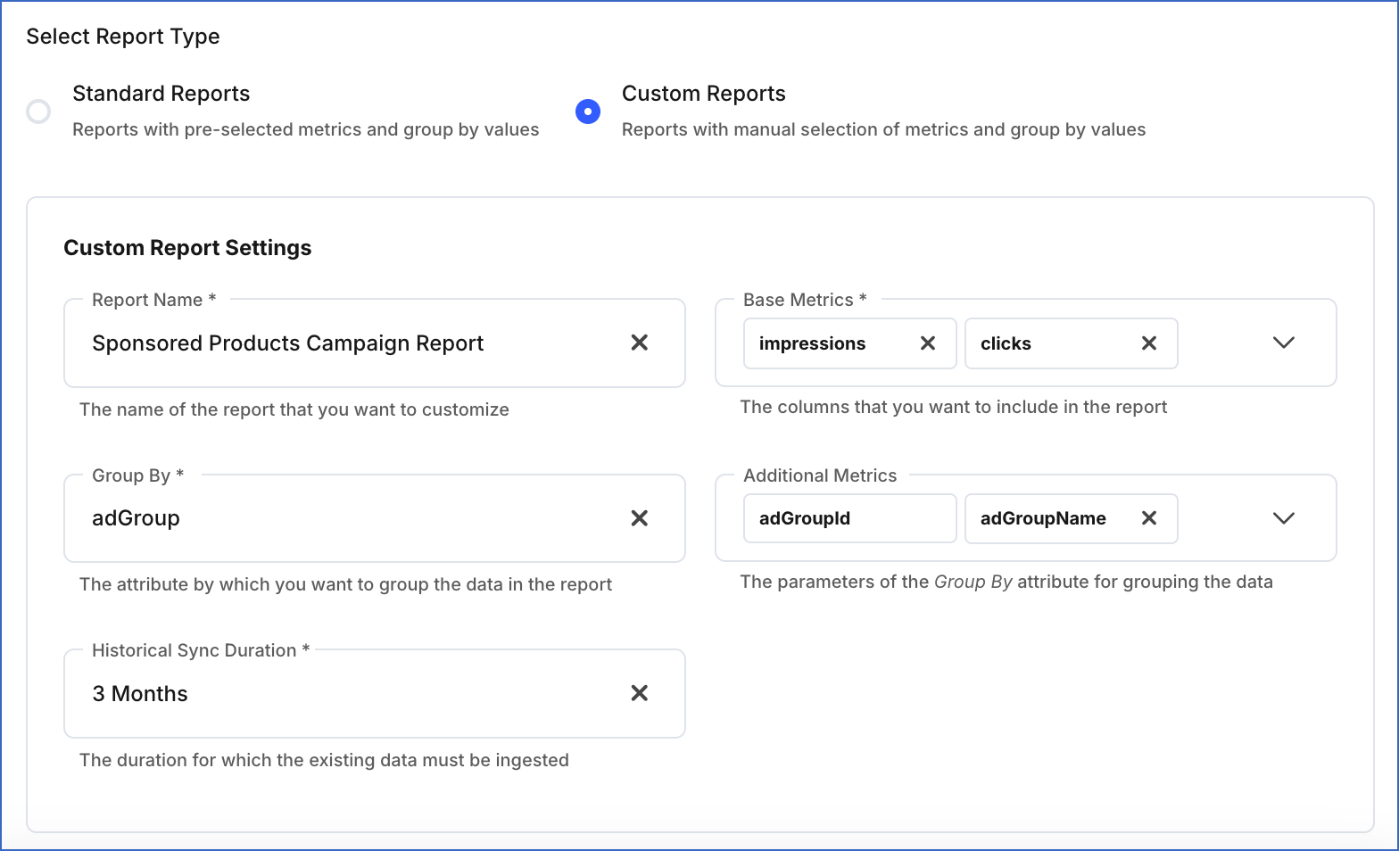 Custom Reports config