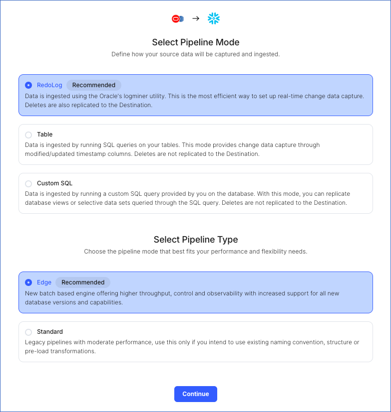 Select Pipeline mode page