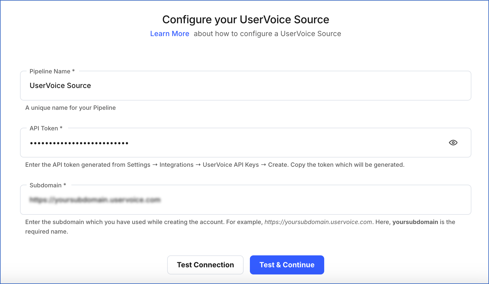 UserVoice Configuration page