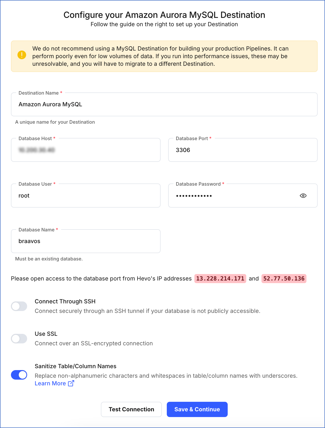 Amazon Aurora MySQL Destination settings