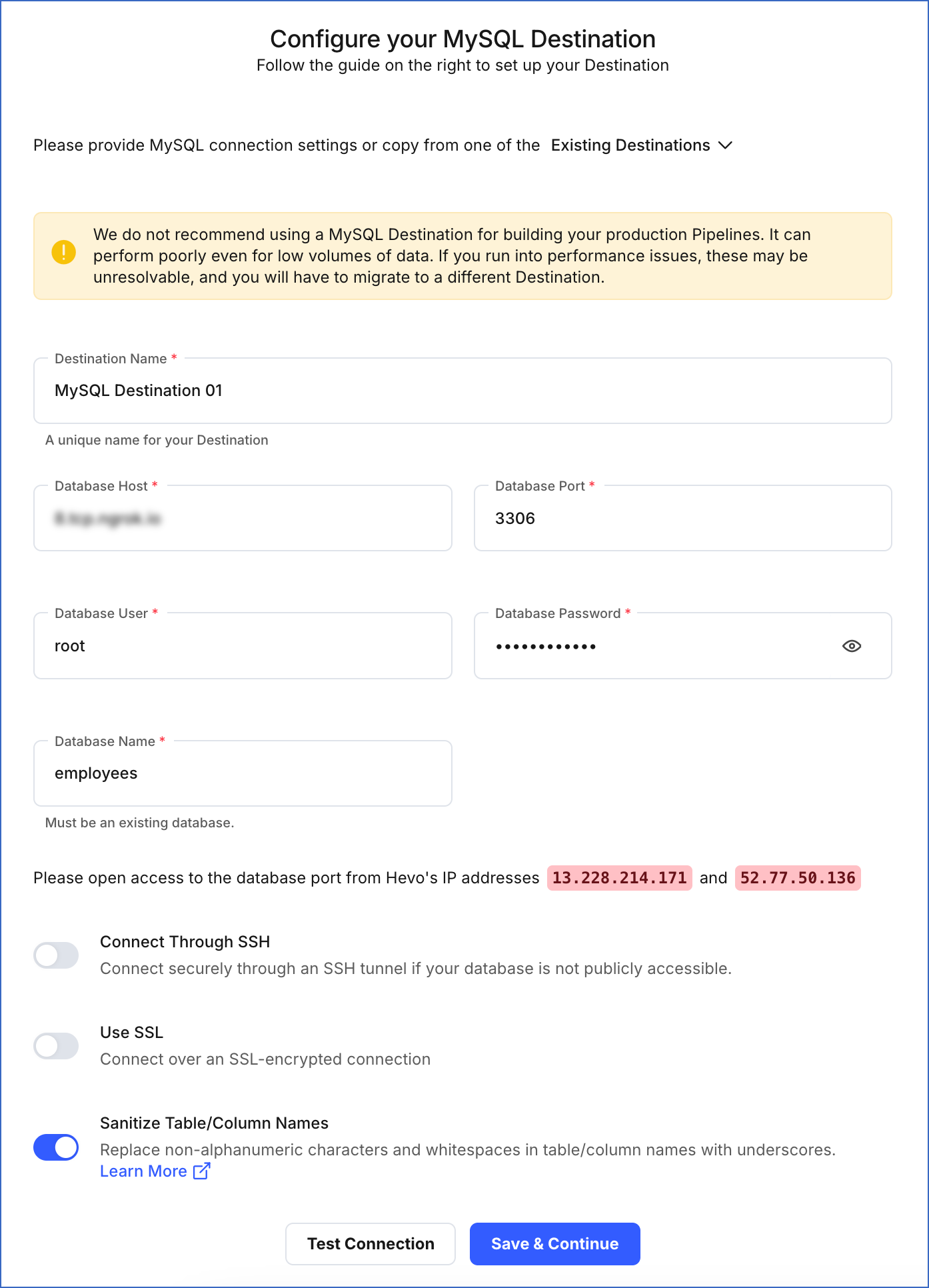 MySQL Destination settings