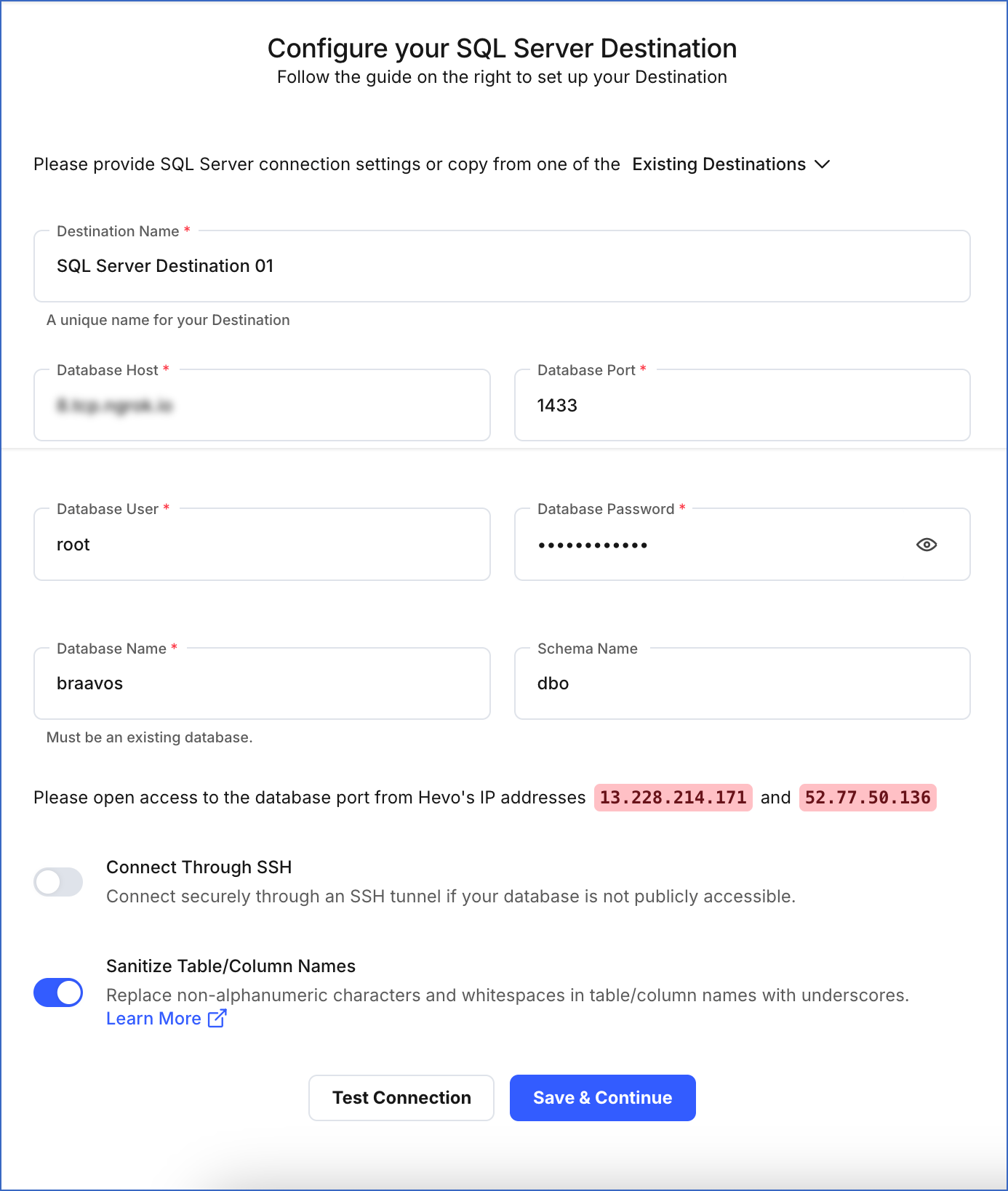 SQL Server Destination settings