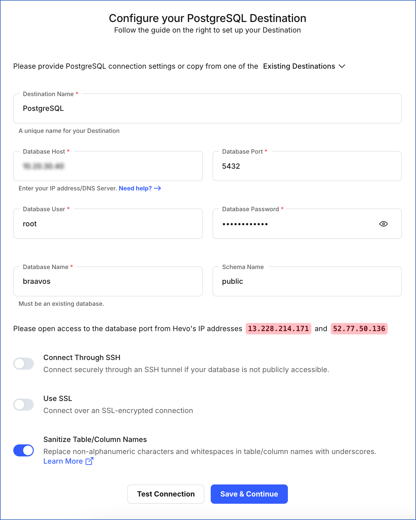 PostgreSQL Destination settings