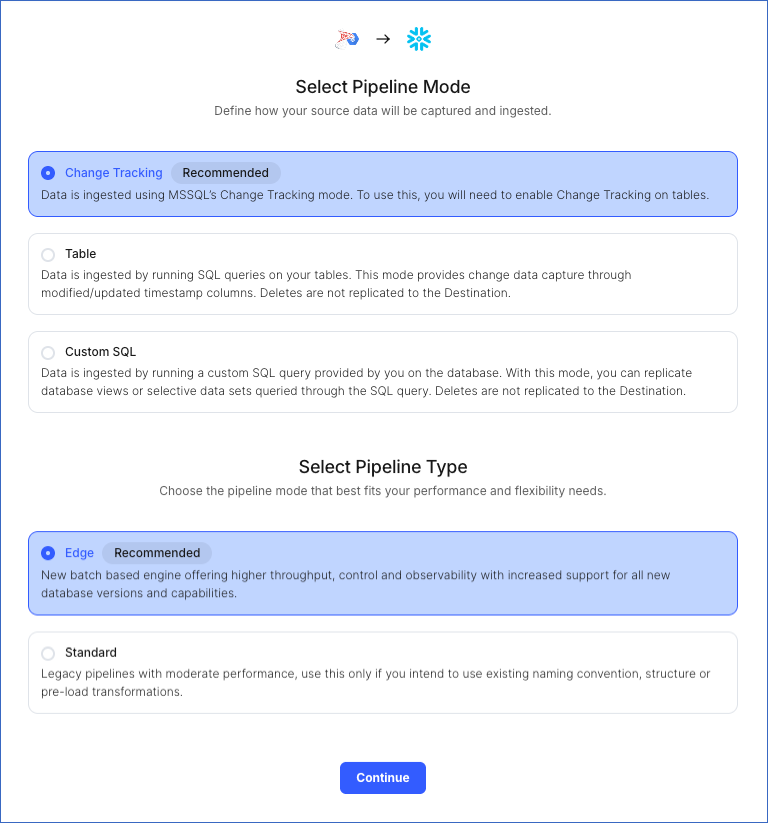 Select Pipeline mode page