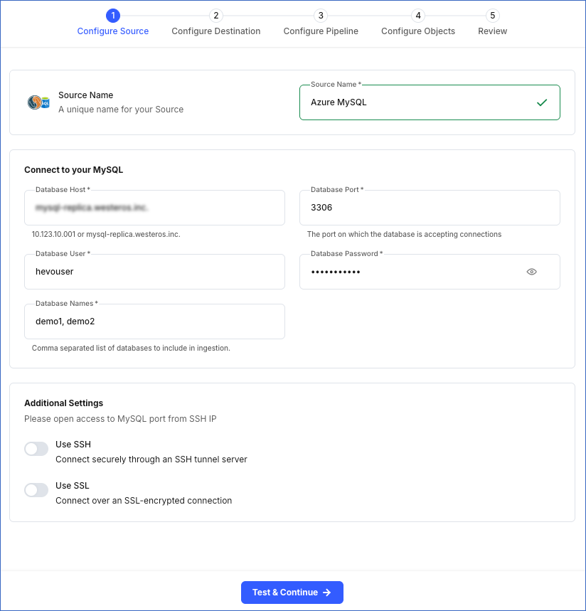 Azure MySQL Source config
