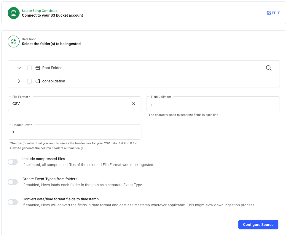 Select folders to be ingested