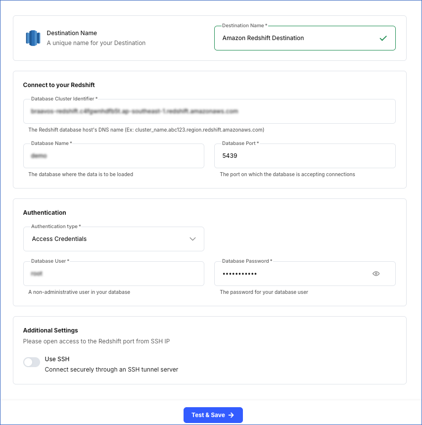 Configure Amazon Redshift Destination
