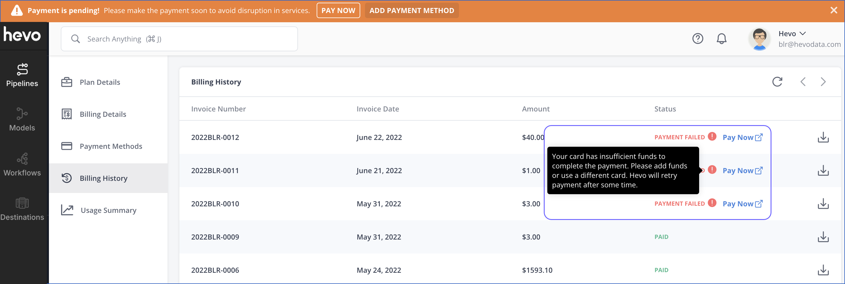 Payment Failed status