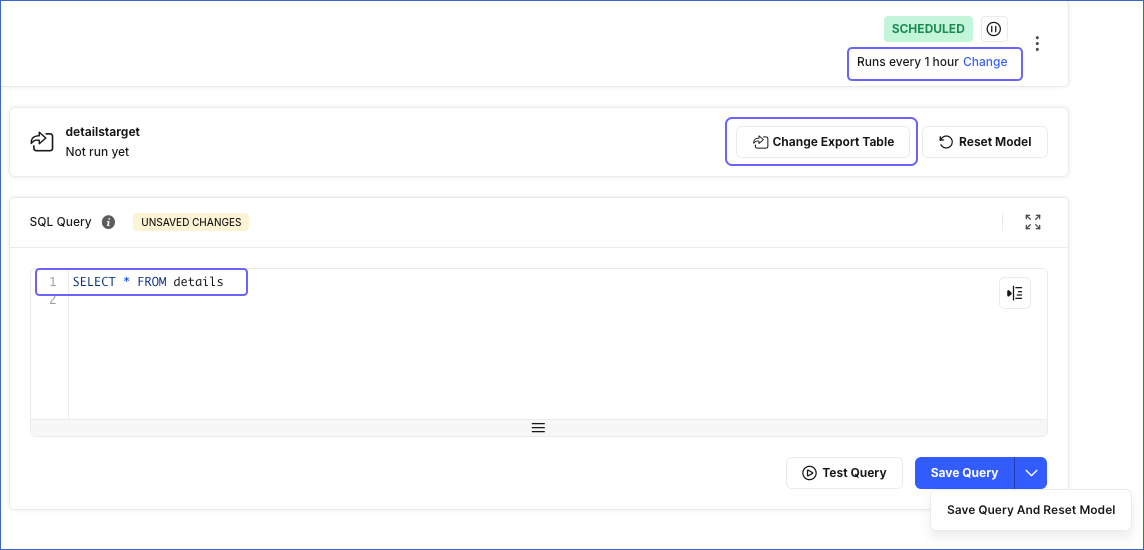 Modify the schedule, export table, or query