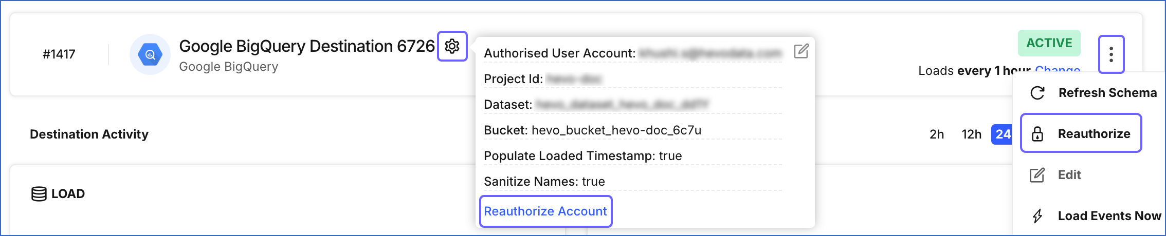 Destinations Detailed View - Account Reauth