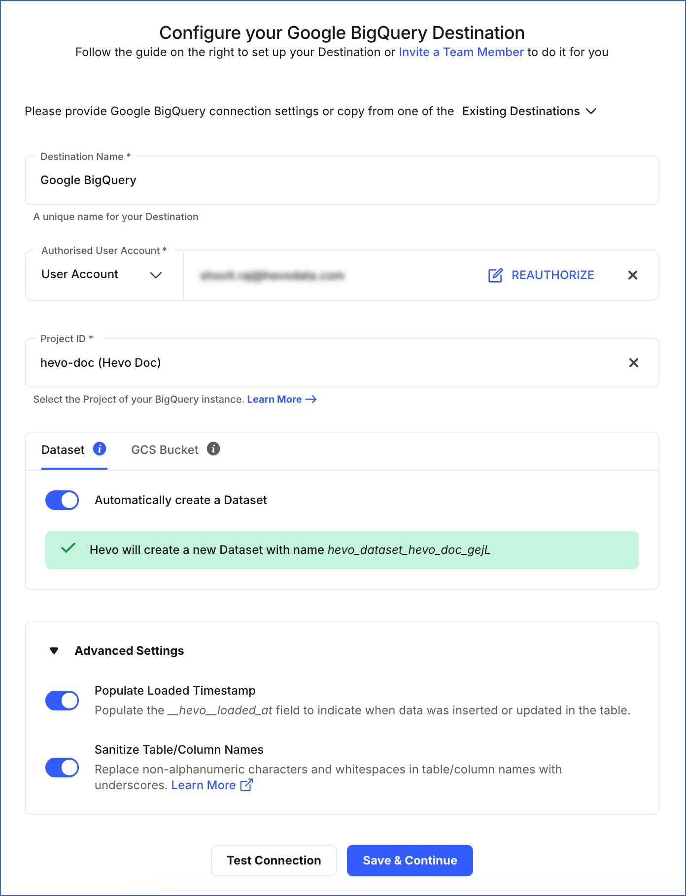 Configure your Google BigQuery Destination
