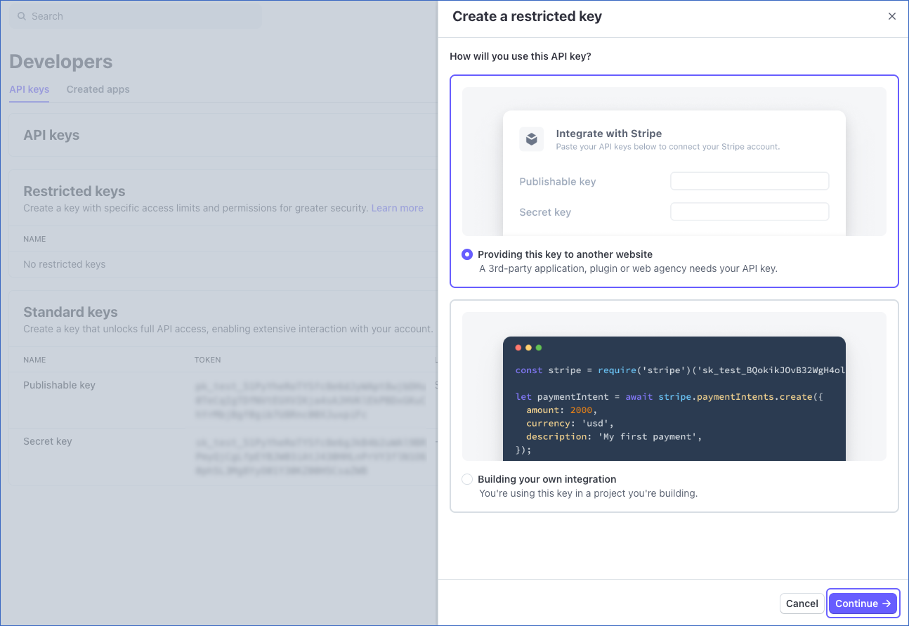 Providing website details for restricted key