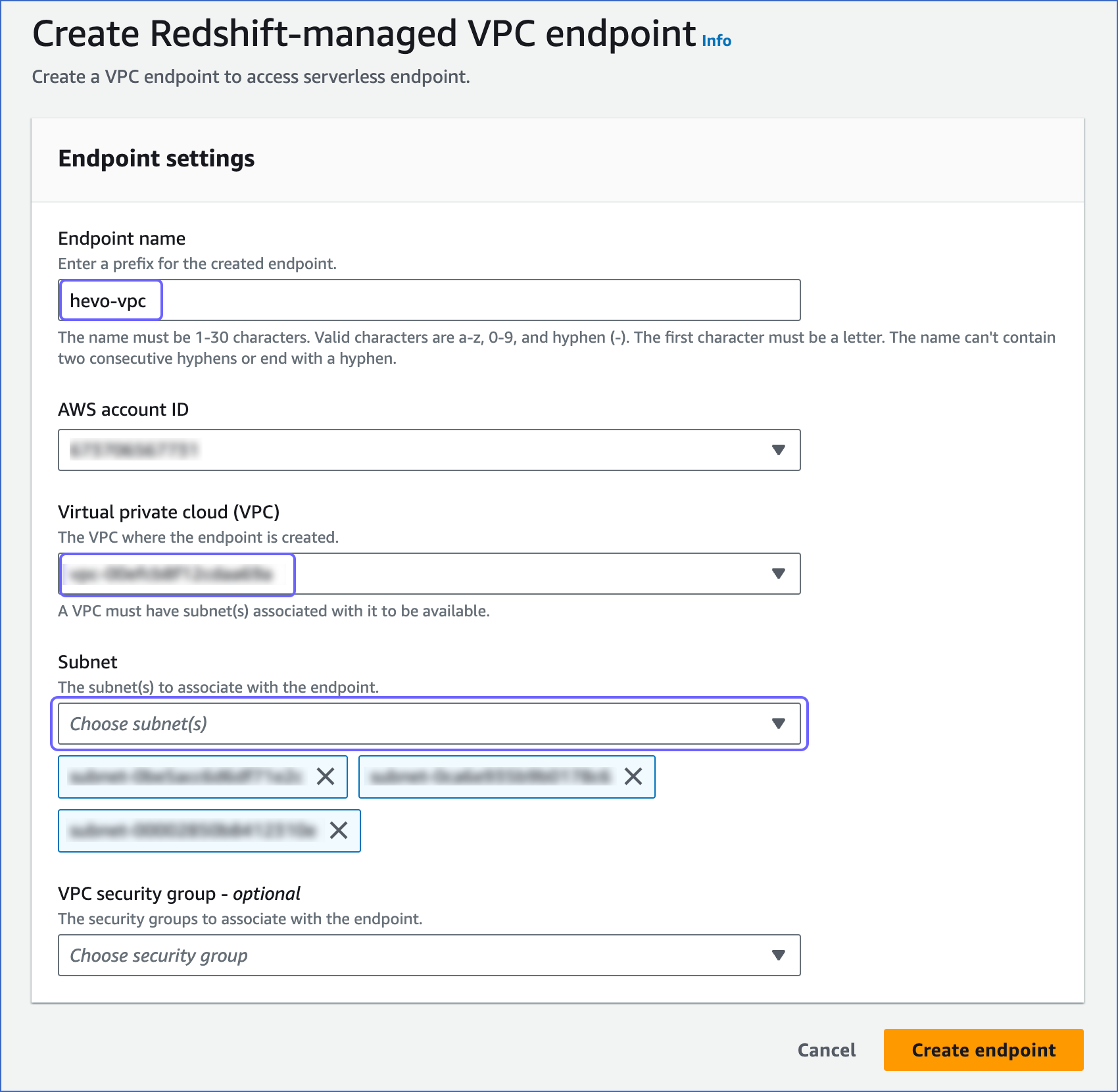VPC endpoint settings