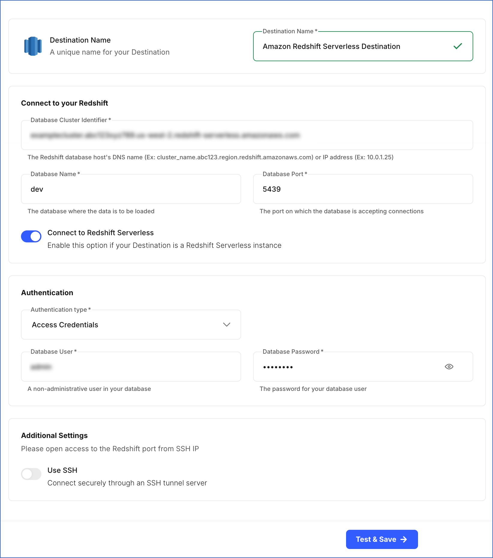 Configure Amazon Redshift Destination