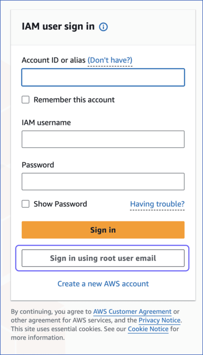 Sign in using root user email