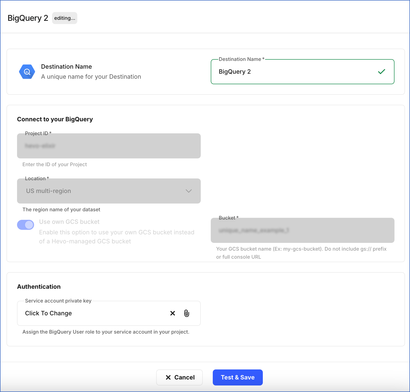 Edit BigQuery Destination