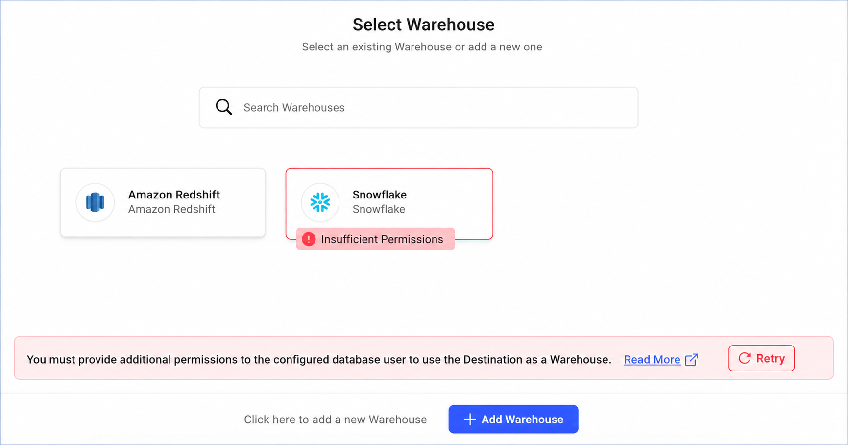 Warehouse Insufficient Permissions