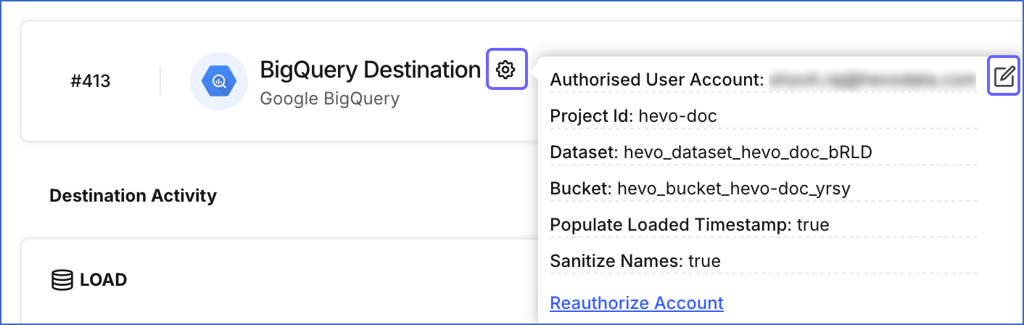 Modify BQ Destination Settings Icon