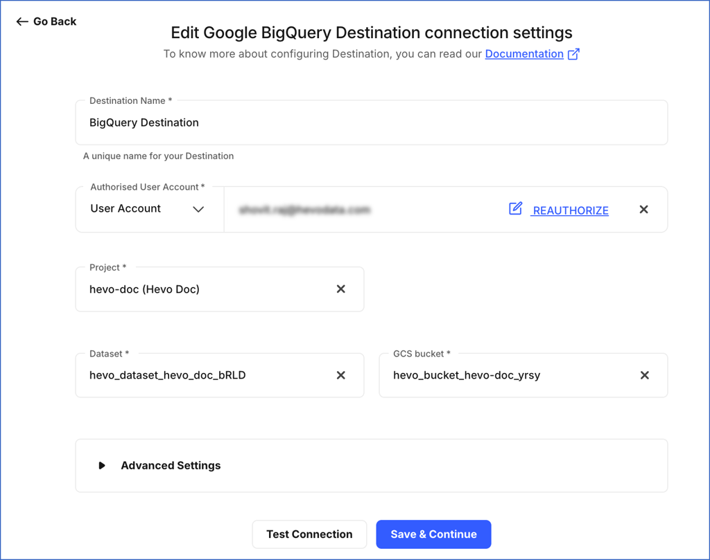 Edit Google BigQuery Destination Connection Settings