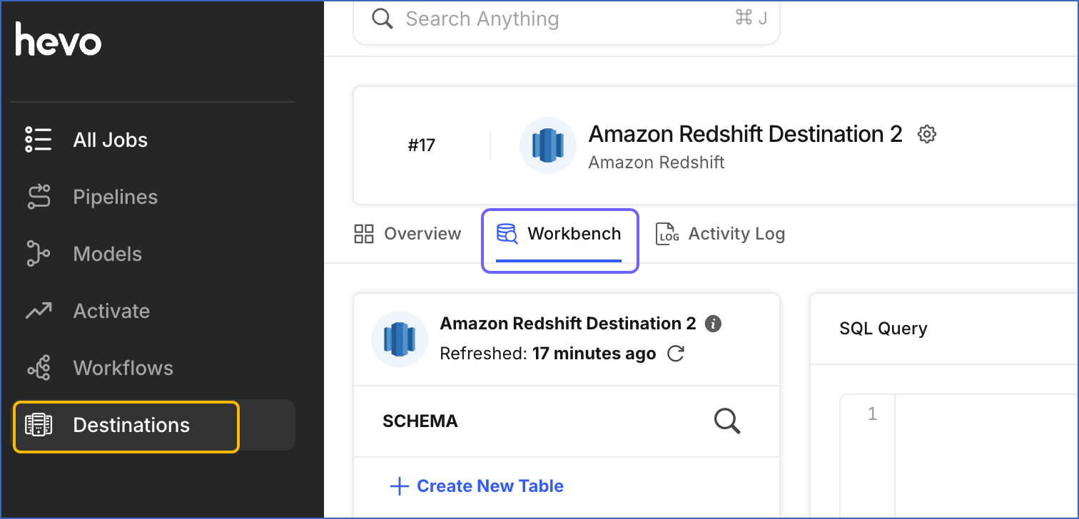 Workbench in the DESTINATIONS page