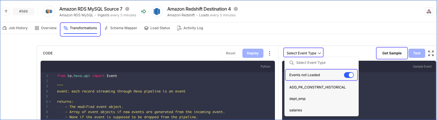 View sample failed Events
