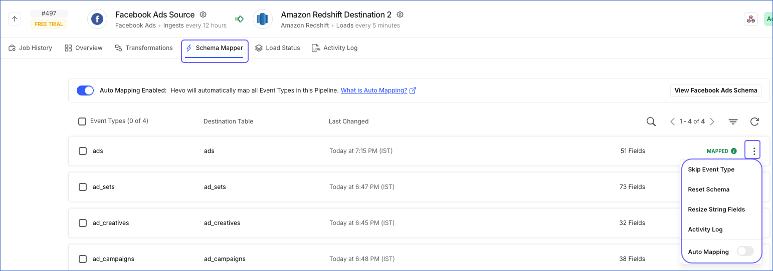 Schema Mapper actions
