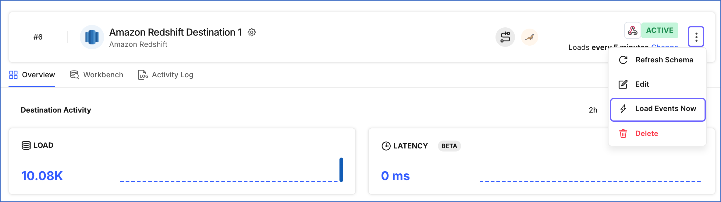 Load Events from Destination Overview page