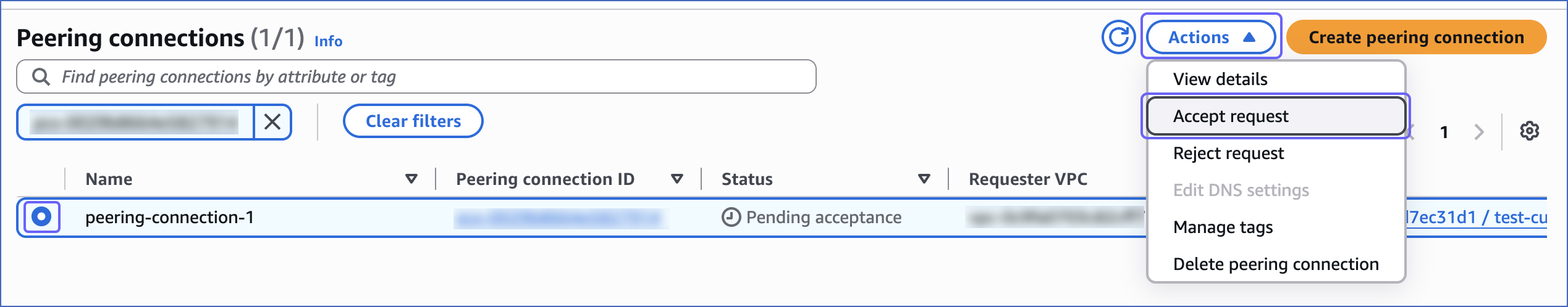 Select Accept Request for Peering Connection ID