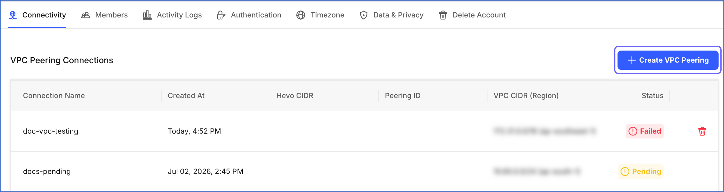 Click Create VPC Peering