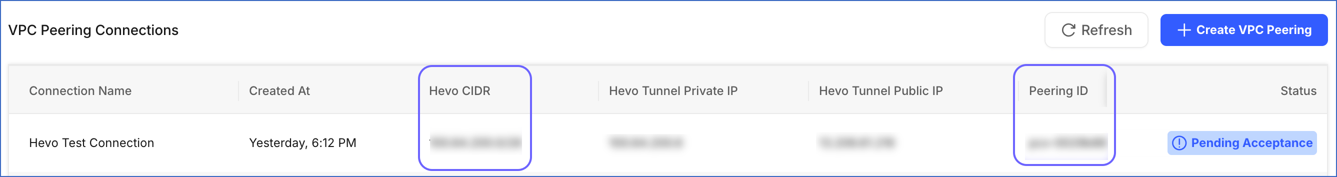 Hevo CIDR and VPC Peering ID