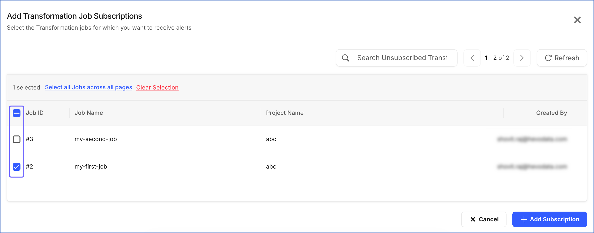Add Transformation Job Subscriptions