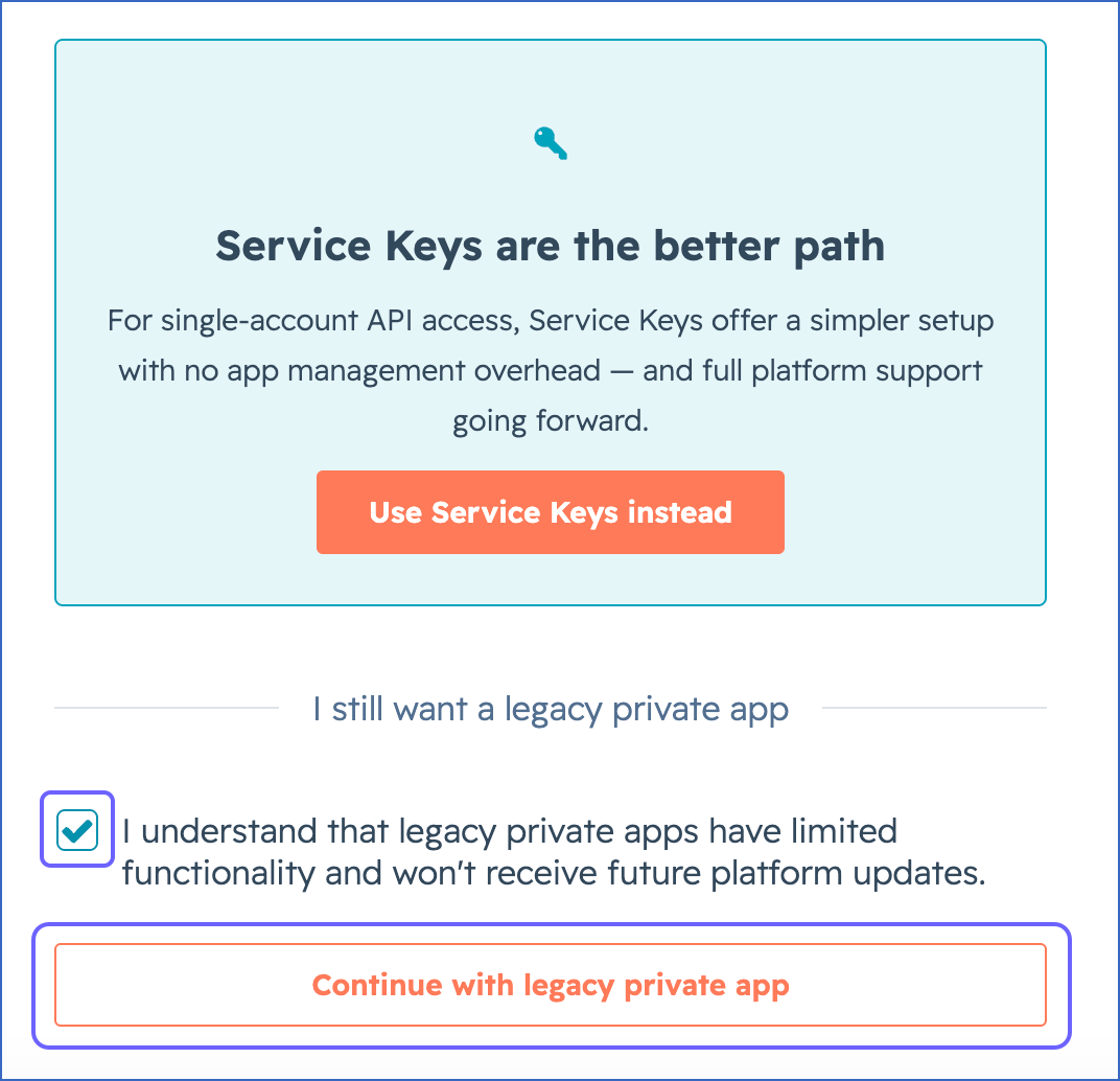 Continue with legacy private app