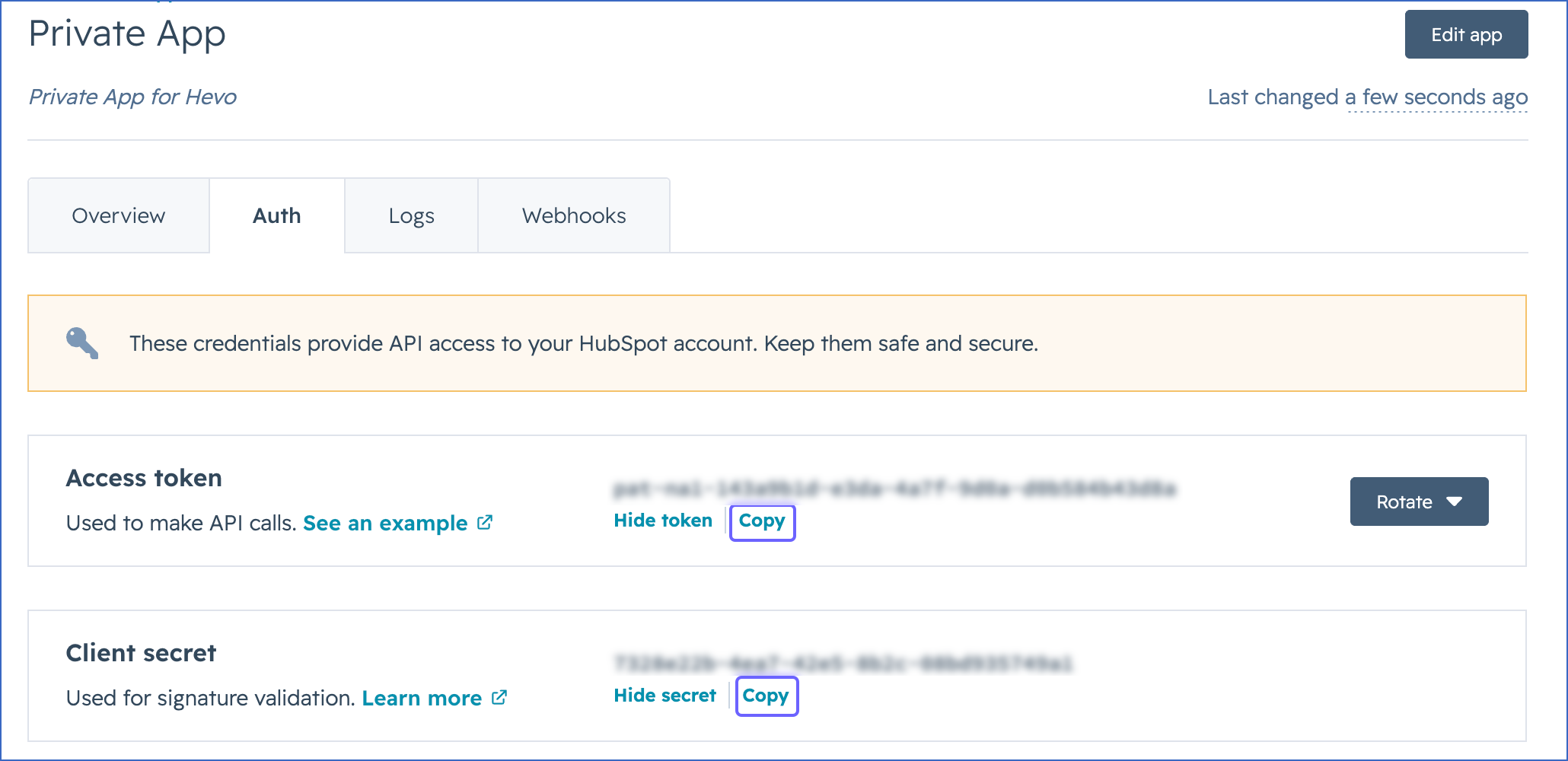 Copy token and secret