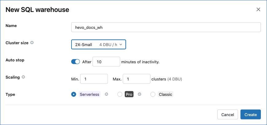 New SQL warehouse dialog