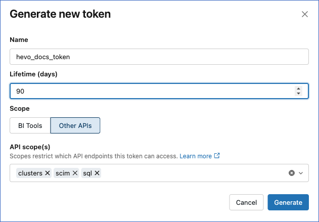 Generate new token dialog