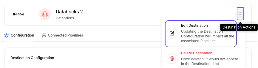 Destination Actions menu