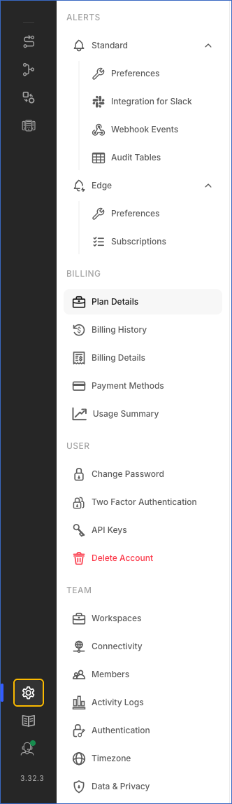 Settings sidebar