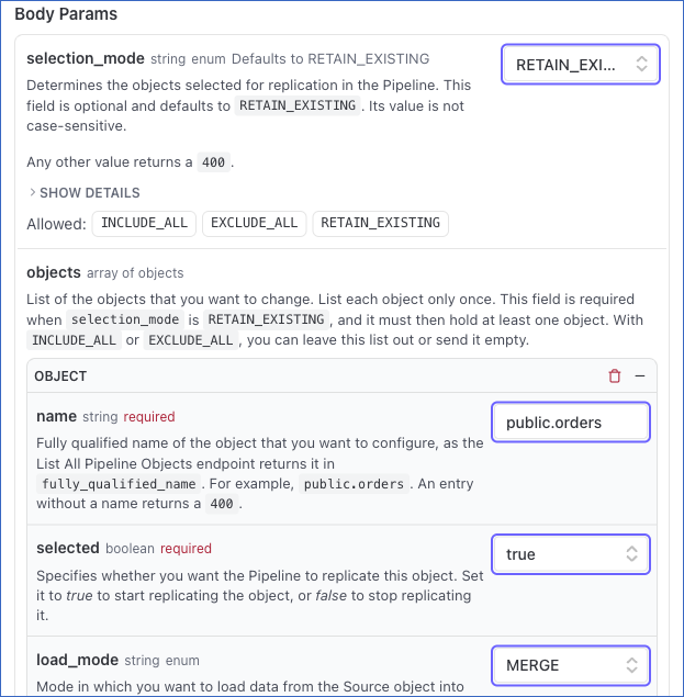Body Params Selection Mode Objects