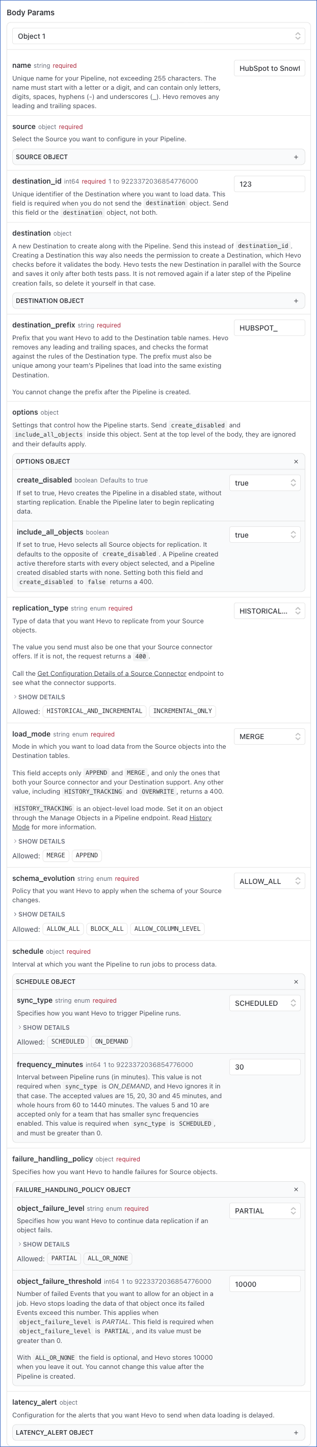 Body Params of the Create a Pipeline endpoint