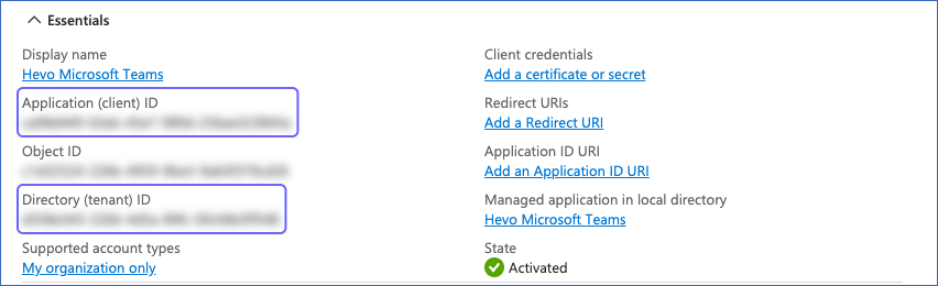 Copy the client ID and tenant ID
