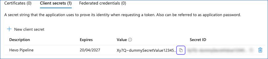 Copy the client secret value
