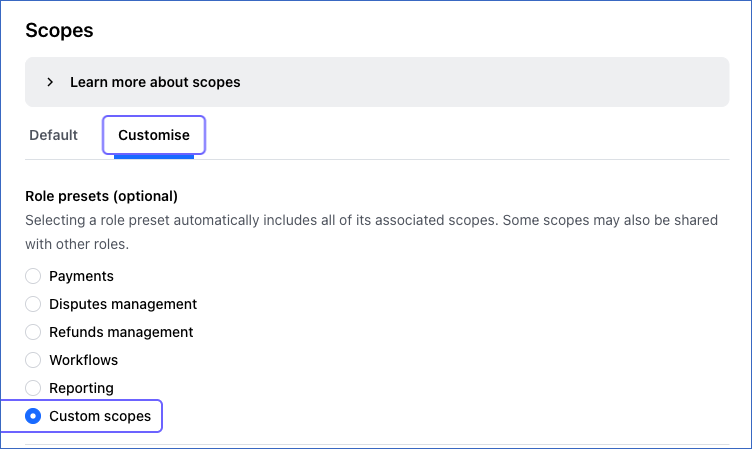Select Custom scopes